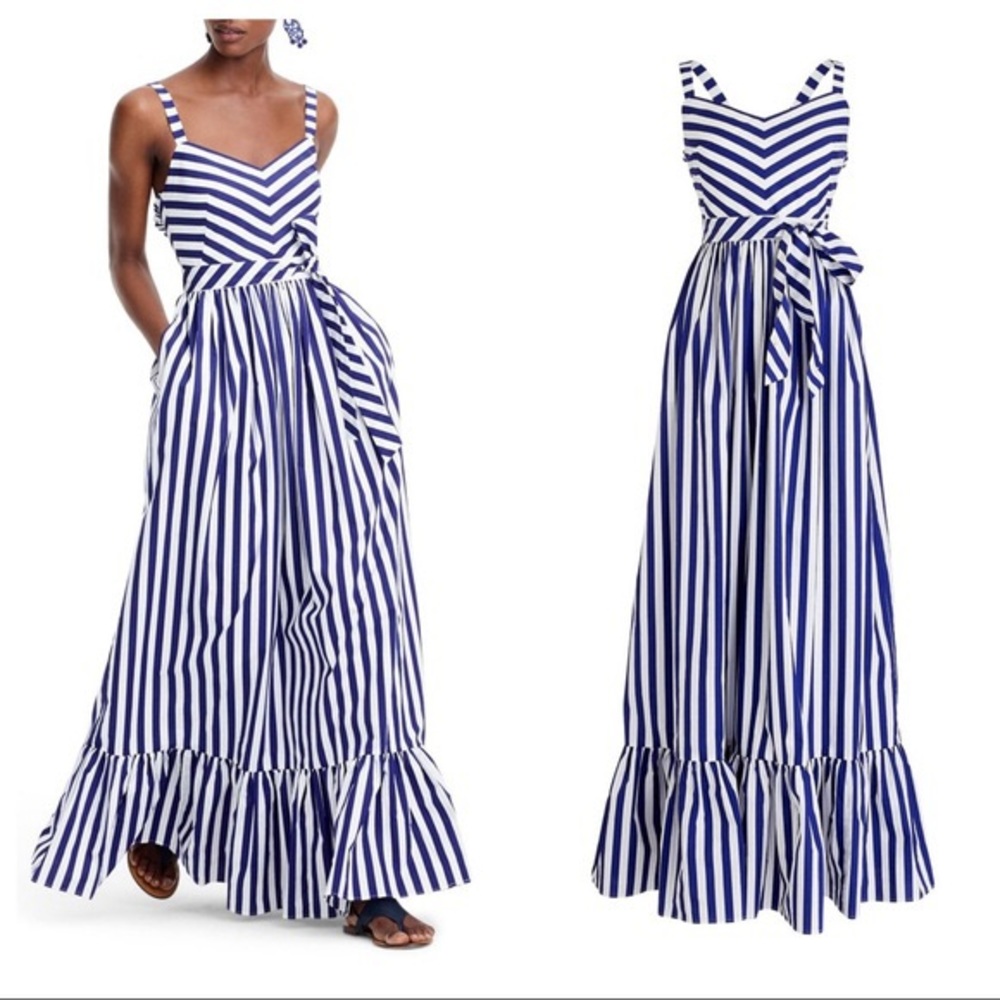 J Crew Striped Ruffle Cotton Maxi Dress